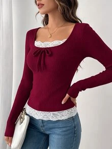 SHEIN Unity Women's Round Neck 2 In 1 Lace Patchwork Bow T-Shirt, Velour Ribbed, Autumn/Winter Fall Cloth - Burgundy - View 5