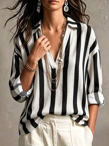 LUMIGAL Women's Early Autumn Old Money Style Striped Pattern V-Neck Design Blouse, Suitable For Commuting, Casual Daily Wear, Versatile Fashionable Shirt - Black - View 3