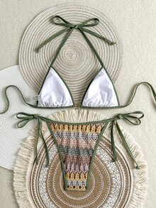 SHEIN Swim Mod طقم بيكيني نسائي مثير من قماش الجاكار بتصميم حمالة الرقبة مناسب للشاطئ والعطلات والحفلات - أخضر عسكري - مشاهدة 2