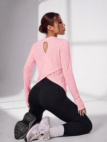 SHEIN Sovereign Charm 女款純色後背交叉設計長袖運動T恤 - 粉色 - 查看 6