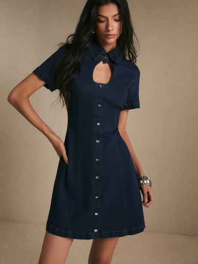 Poéselle Women's Cutout Design Short Sleeve Single-Breasted Casual Denim Dress Blue Dress Asummer Dress Elegant Dress New Year Dress