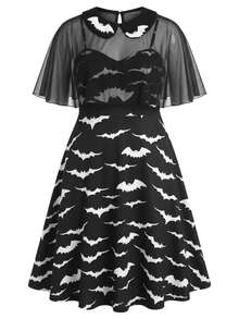 Sunspun Plus Size Halloween Bat Print Shawl Decor Dress - Black - View 3