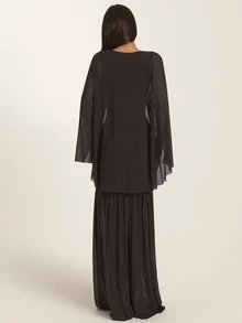 SHEIN BAE Women's Solid Color Round Neck Batwing Sleeve Pleated Elegant Dress - Coffee Brown - View 2