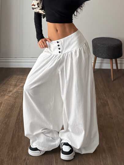 Muchica Women's White Woven Button Front Wide Leg Casual Pants Cotton White High Waisted Wide Leg Pants Fall Casual Y2k Women's Country Pants Back To School