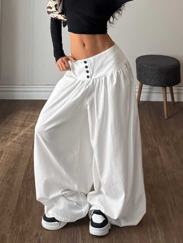 Muchica Women's White Woven Button Front Wide Leg Casual Pants Cotton White High Waisted Wide Leg Pants Fall Casual Y2k Women's Country Pants Back To School