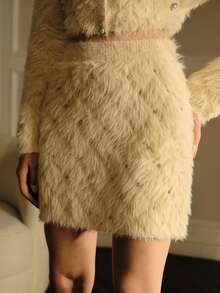 MOTF PREMIUM WOMEN'S AUTUMN/WINTER FAUX FUR KNIT SKIRT WITH BEADED RHINESTONE WAIST DECOR - Apricot - View 5
