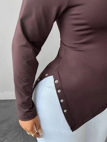 Elenzga Plus Size Maillard Brown Sexy Cold Shoulder Top With Rhinestone Ribbon Scarf, Elastic Slim Fit Slit Long Sleeve Base Layer Fall - Brown - View 7