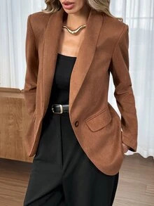 Easowa 女款麂皮感鈕扣收腰西裝外套，休閒寬鬆優雅通勤老錢風，秋冬款 - 巧克力棕 - 查看 3