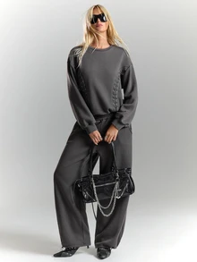 BAD SUNDAY Women's Autumn/Winter Y2K Lace-Up Long Sleeve Crew Neck Sweatshirt, Streetwear Chic - Dark Grey - View 3