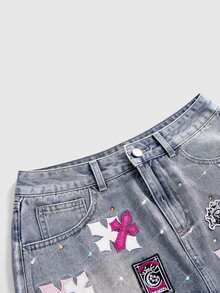ROMWE Street Life Street Style Colorful Contrast Cross Patch Embroidery Low Waist Mini Bodycon Denim Skirt - Blue - View 4