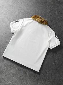 ROMWE MEN Street Life Men's Letter Print Patchwork Fuzzy Short Sleeve Polo Shirt - White - View 2