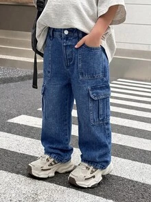 SHEIN 兒童小男孩休閒日常穿著工裝牛仔長褲，附口袋與鈕扣 - 深色水洗藍 - 查看 6