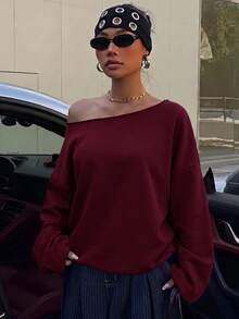 SHEIN EZwear 酒紅色女款露肩寬鬆休閒長袖衛衣 34%棉 - 酒紅色 - 查看 7