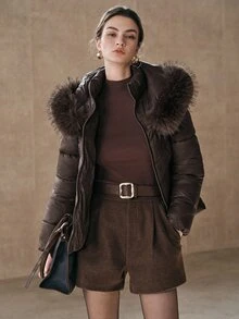 Anewsta Winter Brown Detachable Hood Fur Collar Padded Coat - Coffee Brown - View 6