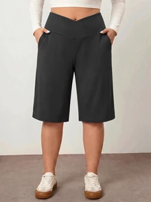 Enliva Plus Size Women's Black Casual Loose 3/4 Pants, Tummy Control V-Waist With Pockets, Suitable For Summer Daily Versatile Wear - Dark Grey - View 7