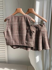 Comfortcana Plaid Tweed Back To School Academy Vest And Pleated Skirt Set - Multicolor - View 2