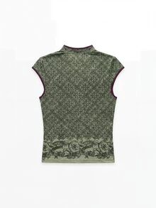 Nöista Top de manga corta, cuello alto estilo chino, con abertura diagonal. - Verde Oliva - Ver 10