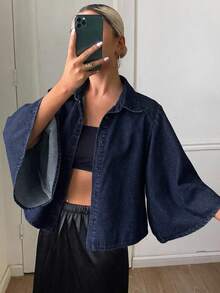 Livesso 女款深洗藍色牛仔襯衫，寬鬆版型，長袖，鈕扣開襟，翻領，口袋裝飾，秋季 - 深色水洗藍 - 查看 7