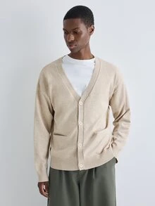 Merionis Men's Solid Color Drop Shoulder Long Sleeve Single-Breasted Casual Knit Cardigan - Apricot - View 3