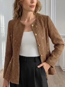 Medorina Elegant Luxury Chic, Sequin Button Up, Winter Jacket, Tweed Fabric, Gold Brown, Peplum Fit, Work Office Party, New Year, Fall Winter - Brown - View 5