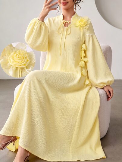 Yasmyna Vestido árabe para mujer con cuello alto, correa con hebilla de color contrastante, acentos florales 3D, mangas largas de farol de color contrastante y falda completa