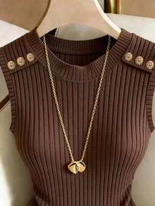 SHEIN Plus Size Vintage Brown Vertical Ribbed Knit Sleeveless Bodysuit, Minimalist Commuter Y2K Versatile Fitted Tank Top - Brown - View 3