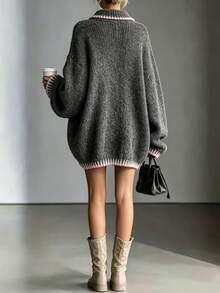 Glimmora Women's Casual Colorblock Trim Sweater, Autumn/Winter - Grey - View 2