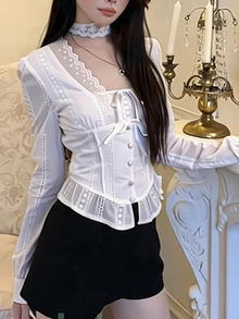 DAZY 女款對比色蕾絲蝴蝶結裝飾長袖鈕扣設計襯衫 度假風 - 白色 - 查看 4