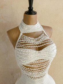 Soleia Women's Solid Color Cutout Design Fitted Sexy Halter Neck Knit Dress - Apricot - View 5