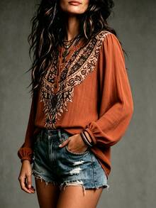 SHEIN Holidaya Fall Shirts Outdoor Tops Country Style Napoleon Mexican Women's Casual Boho Rust Vacation - Orange - View 5
