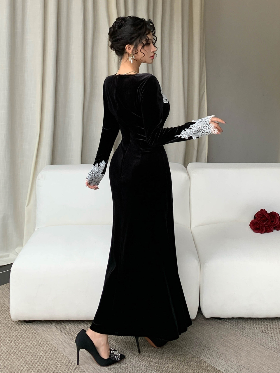 Women's Contrast Lace V-Neck Long Sleeve Elegant Midi Dress Fall