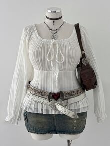 Sunspun Cute Square Neck Long Sleeve Fitted Petal Sleeve Cropped Blouse Plus Size Autumn - White - View 1