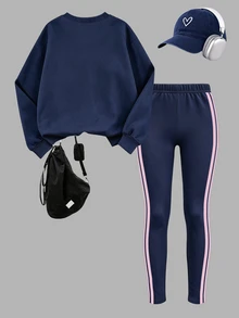 1套青少年女孩可愛狗狗印花2件套服裝，海軍藍與粉色側條紋運動衫 + 配套側條紋內搭褲，休閒秋冬套裝 - 彩色 - 查看 4