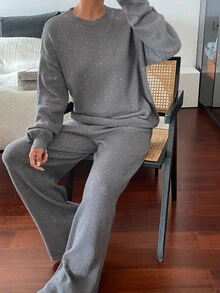 DAZY Women's 2pcs Set Gray Casual Loose Crew Neck Long Sleeve Sweater And Straight Leg Pants, Autumn - Grey - View 5