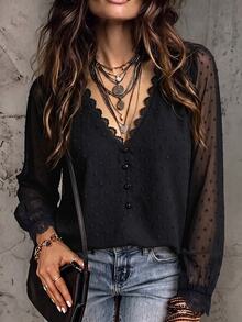 SHEIN Women's Fashion V-Neck Lace Patchwork Puff Sleeve Single-Breasted Blouse, Suitable For Daily Commute, Date, Casual Gathering - Black - View 6