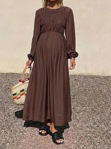 Dazy Maternity Solid Color Fitted Waist Ruched Pleated Long Sleeve Elegant Vacation Korean Style Autumn/Winter Maternity Dress - Brown - View 5