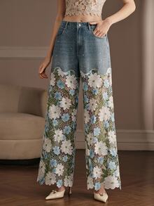 Anewsta Women's Elegant Floral Lace Patchwork Straight Leg Denim Jeans With Pockets - Blue - View 4