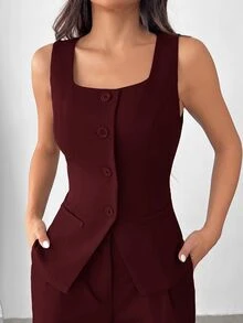 SHEIN EZwear 女款純色寬肩帶前扣無袖簡約休閒西裝外套 秋冬款 - 酒紅色 - 查看 1