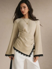 Poéselle 女款優雅秋季通勤蕾絲飾邊綁帶式襯衫 - 杏色 - 查看 1