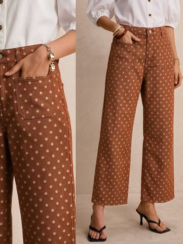 Poéselle Women's Polka Dot Pattern Pocket Design Straight Leg Casual Jeans Brown Pants Polka Dot