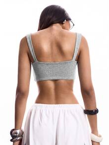 SHEIN EZwear 黑色緊身運動風純色短版細肩帶背心上衣 - 灰色 - 查看 2