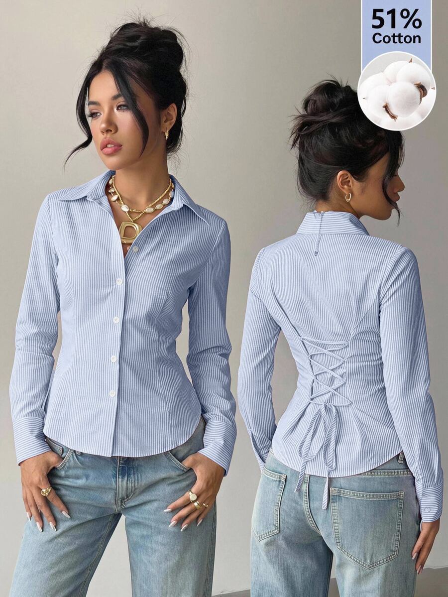SHEIN EZwear 藍白條紋交叉繫腰女款襯衫 辦公商務 秋季休閒 - 藍色 - 查看 1