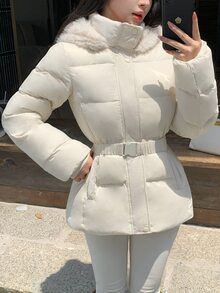 DAZY Women's Winter Hooded Cream White Fur Collar Cinched Waist Waist Zipper Short Slim Fit Elegant Commute Date Padded Coat - Apricot - View 7