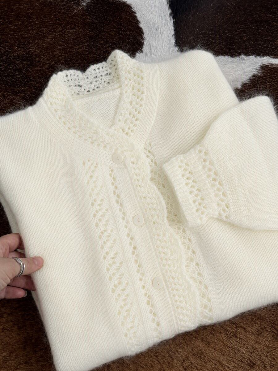 INAWLY French Lace Trim Semi-High Neck Hollow Knit Cardigan - Beige - View 1