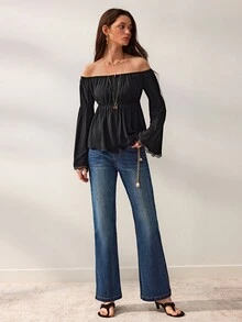 Willow Rêve بنطلون جينز نسائي أزرق داكن بخصر عالي وقصة واسعة مع شق جانبي، غسيل عتيق، لون موحد، أسلوب غربي عصري كاجوال، مناسب للسفر والعطلات وأسلوب الشارع - الأزرق - مشاهدة 8