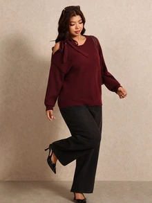 Elaquor Plus Size Autumn/Winter Casual Solid Color Hollow Out Lace-Up Sweater - Burgundy - View 3