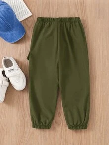 兒童小男孩休閒圖案印花寬鬆工裝長褲，附口袋，適合通勤 - 軍綠色 - 查看 2