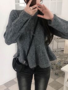DAZY Women's Round Neck Ruffle Trim Long Sleeve Cardigan, Elegant Autumn/Winter Style - Grey - View 5