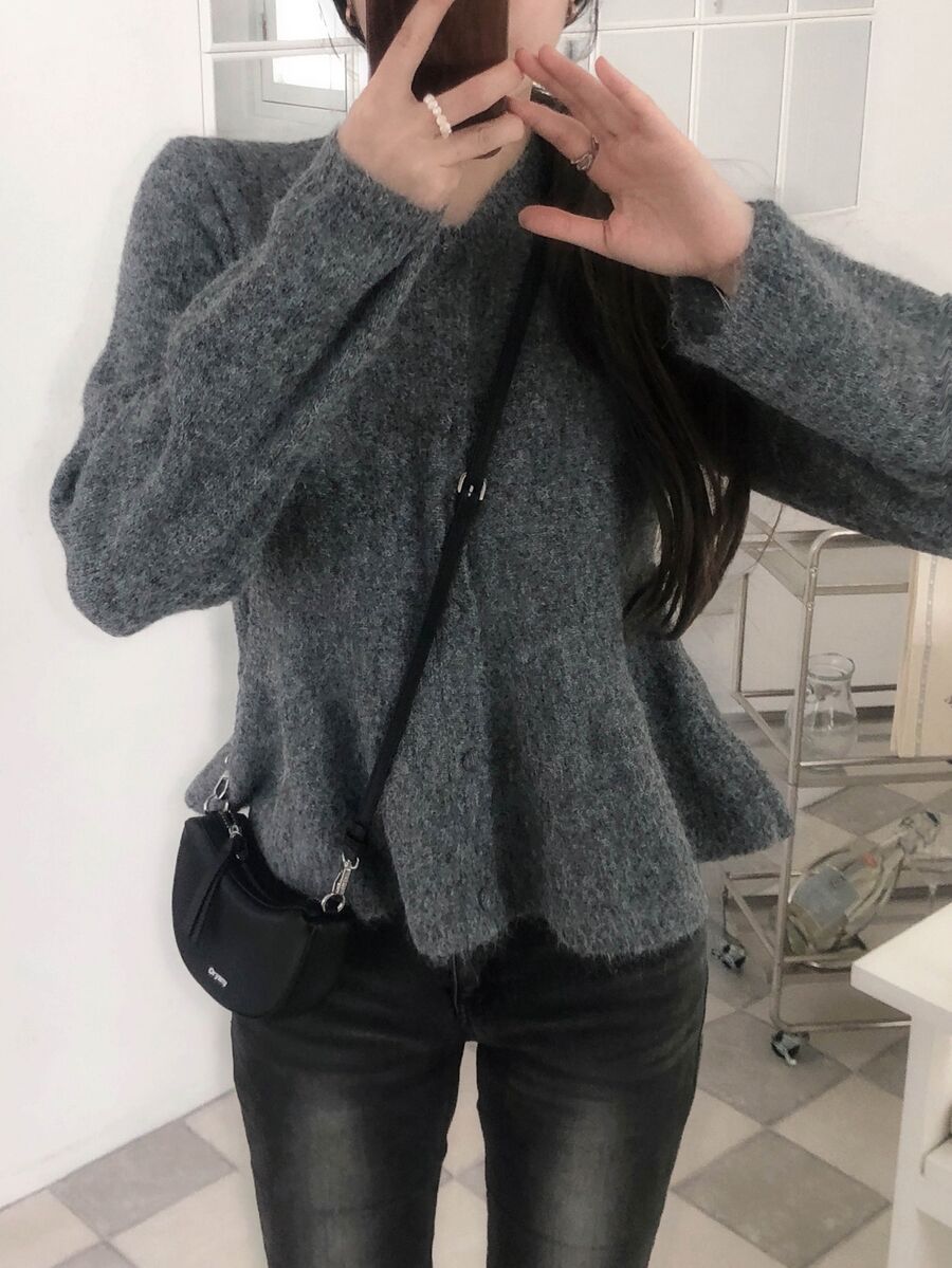 DAZY Women's Round Neck Ruffle Trim Long Sleeve Cardigan, Elegant Autumn/Winter Style - Grey - View 1