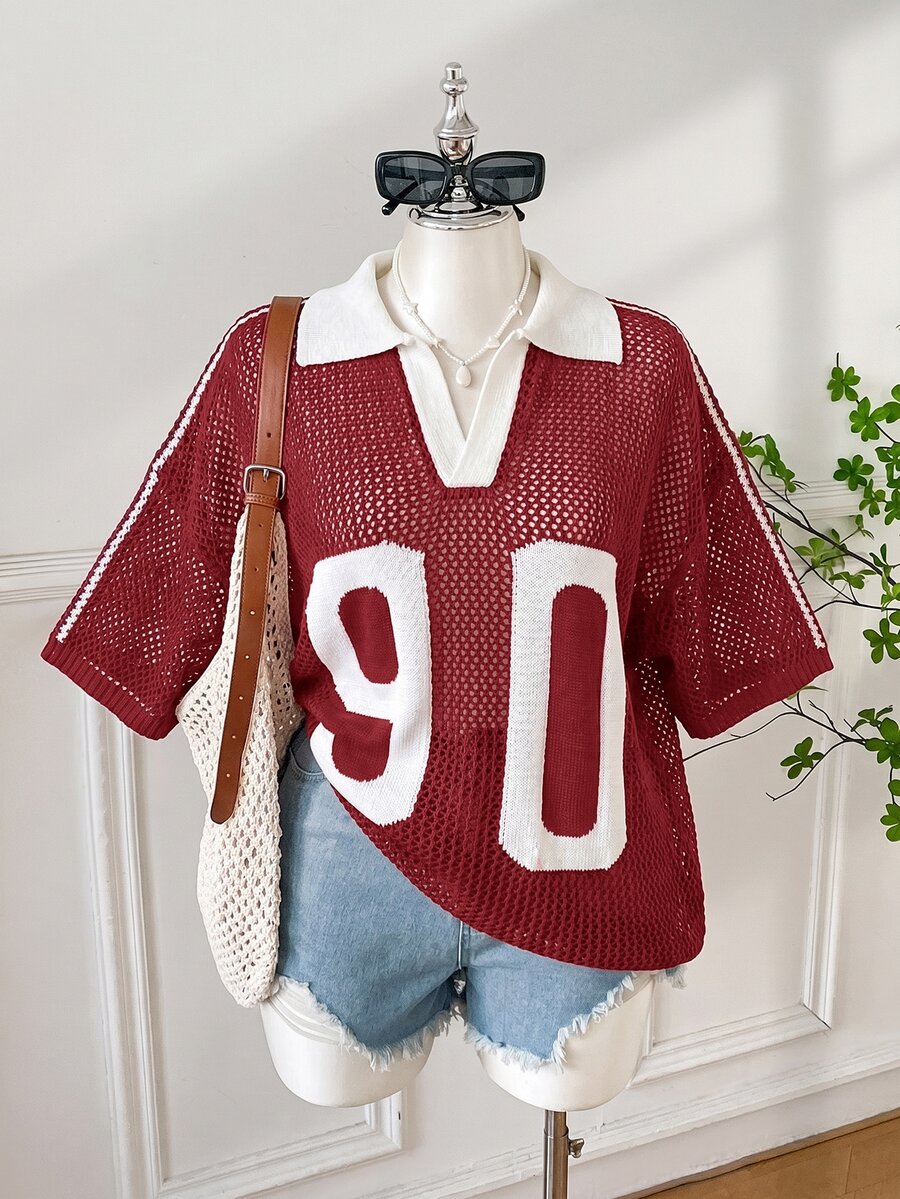 SHEIN EZwear 大尺碼女款數位印花落肩針織鏤空上衣 - 紅色 - 查看 1